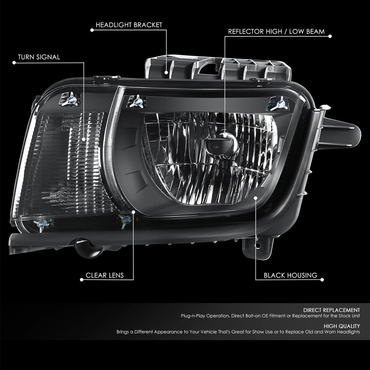 Driver Side Headlight Assembly for Chevy Camaro (2010–2013) OE Style Black Housing
