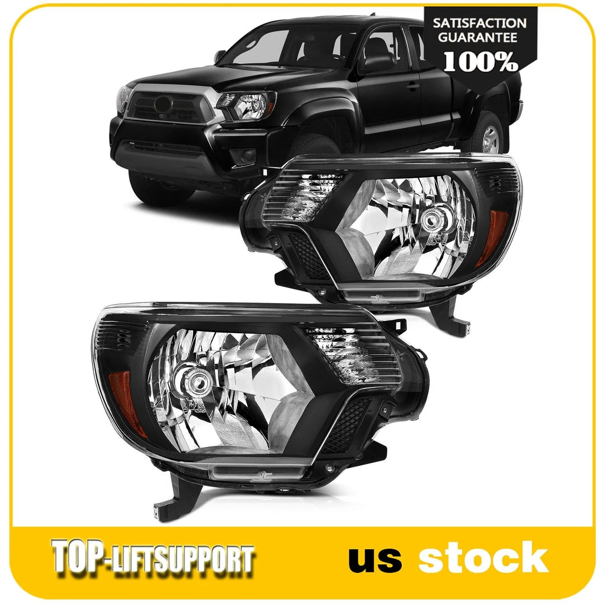 2X Headlight Assembly for Toyota Tacoma (2012–2015) Black Amber