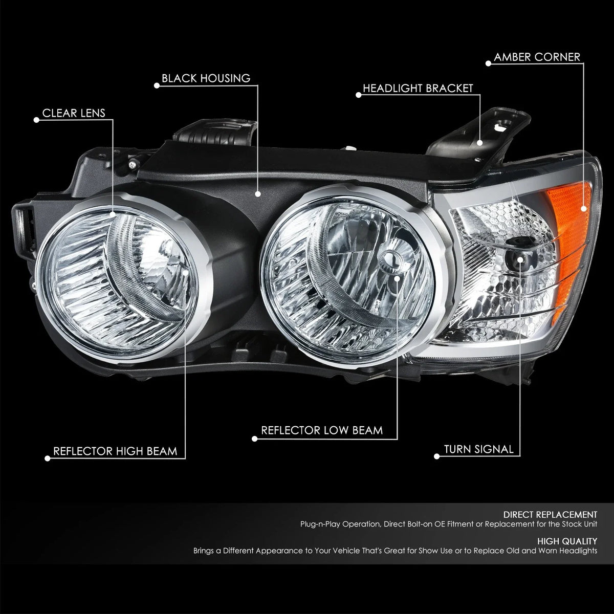 Driver Side Headlight Assembly for Chevy Sonic (2012–2016) OE Style Chrome Bezel