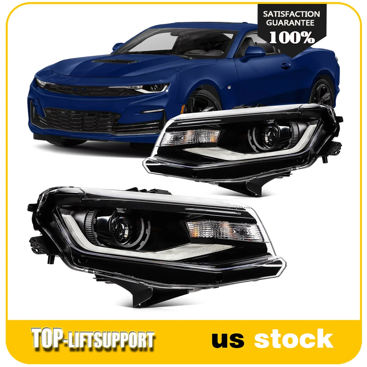 Pair HID Xenon Headlights with LED DRL Black Projector for Chevy Camaro (2016–2022)