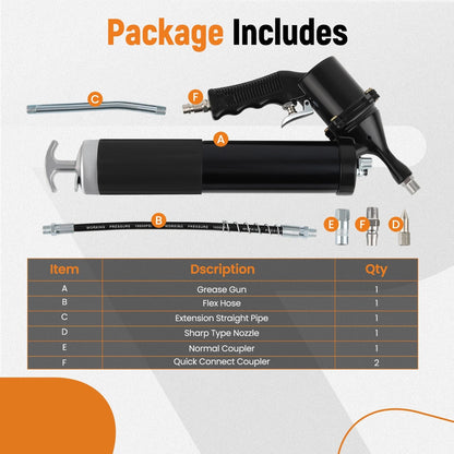 Flex Hose Pneumatic Grease Gun for Use with Air Compressor