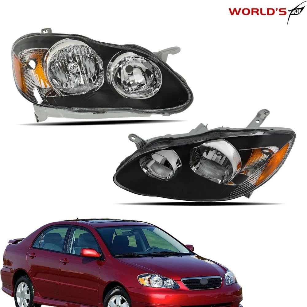 Set of 2 Halogen Black Headlight Assembly for Toyota Corolla (2003–2008)