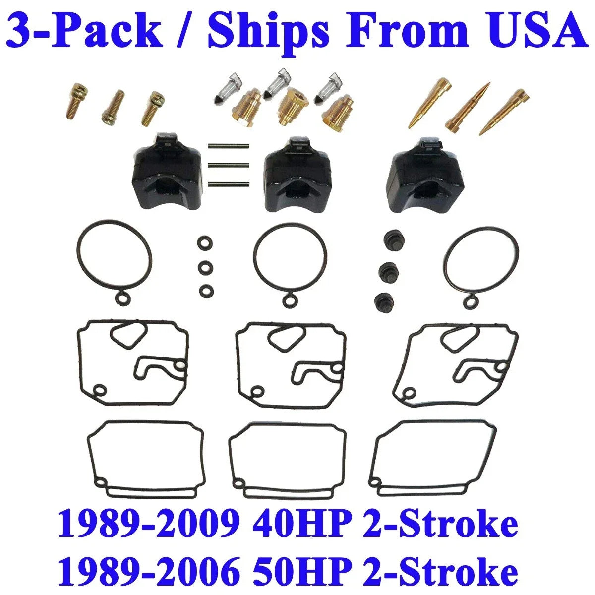 3-Pack Carburetor Rebuild Kit for Yamaha Outboard 40Hp/50Hp (1989–2009)