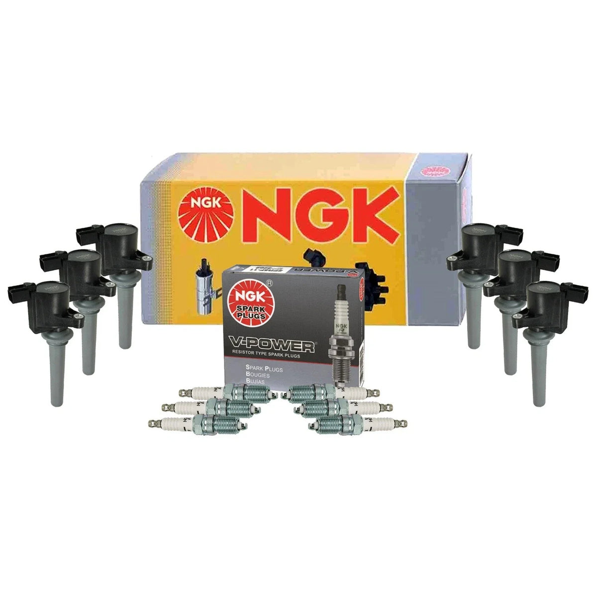 Set of 6 NGK Ignition Coils & V-Power Spark Plugs for Ford Mazda Mercury (V6)