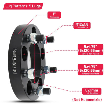 2X 1 Inch Wheel Spacers M12x1.5 for Chevrolet Corvette Camaro Blazer