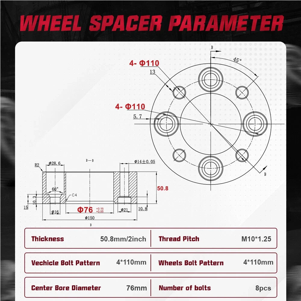 2X 2" Wheel Spacers for Yamaha Rhino, Kawasaki (M10x1.25, 76mm)