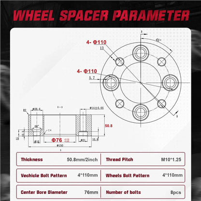 2X 2" Wheel Spacers for Yamaha Rhino, Kawasaki (M10x1.25, 76mm)