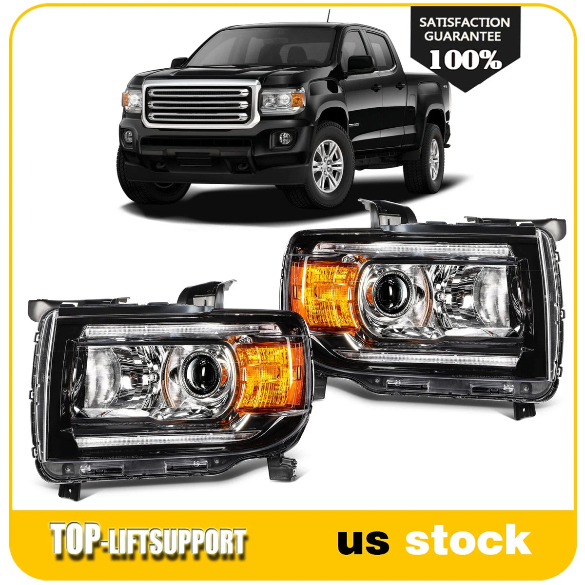2Pcs Projector Headlights with DRL for GMC Canyon (2015–2022) Black Housing