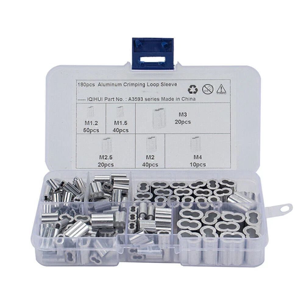180 Pcs Ferrule Crimping Loop Sleeve for Wire Rope Cable Line (Assorted)