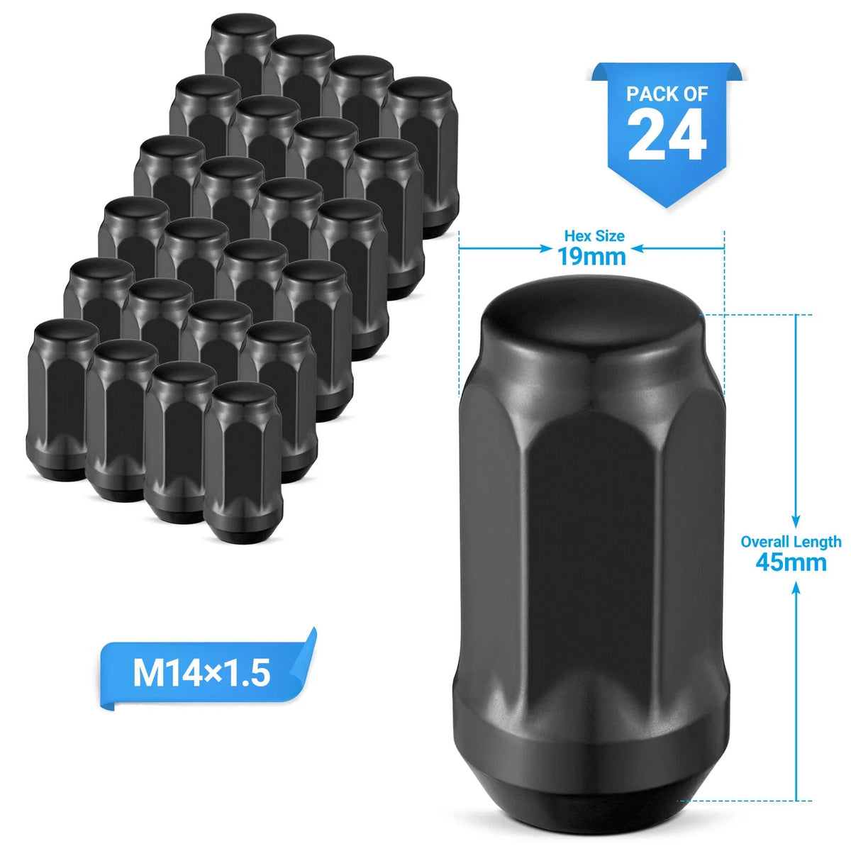 24x Black Bulge Acorn Lug Nut for Silverado (2007–2023)