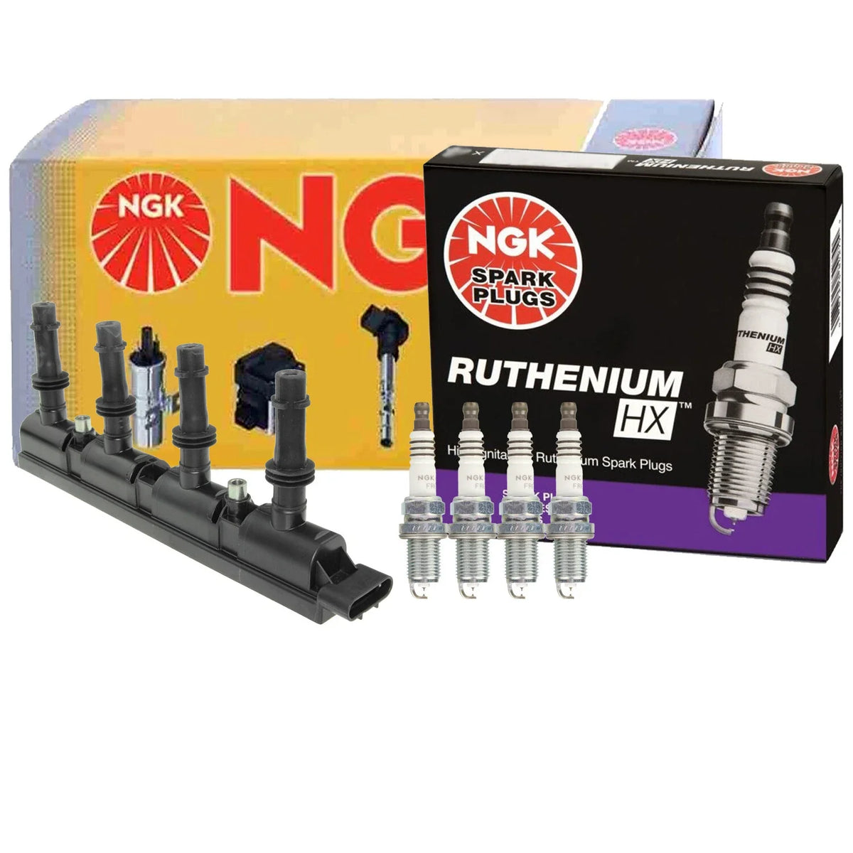 NGK Ignition Coil Assembly & 4 Ruthenium HX Spark Plugs for Chevy Caddy