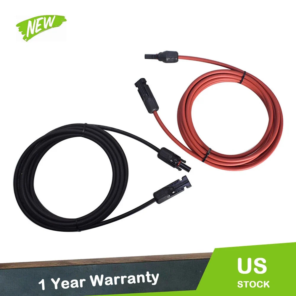 Set of 2 Black Red Solar Panel Extension Cable Connectors 10ft