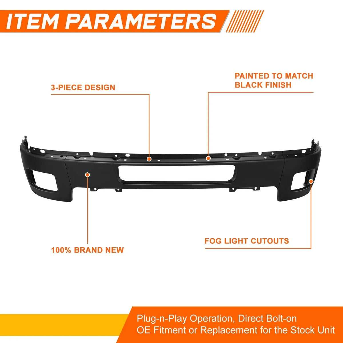 Front Bumper Face Bar for Silverado 2500 3500 HD (2011–2014) w/ Fog Light Holes Black