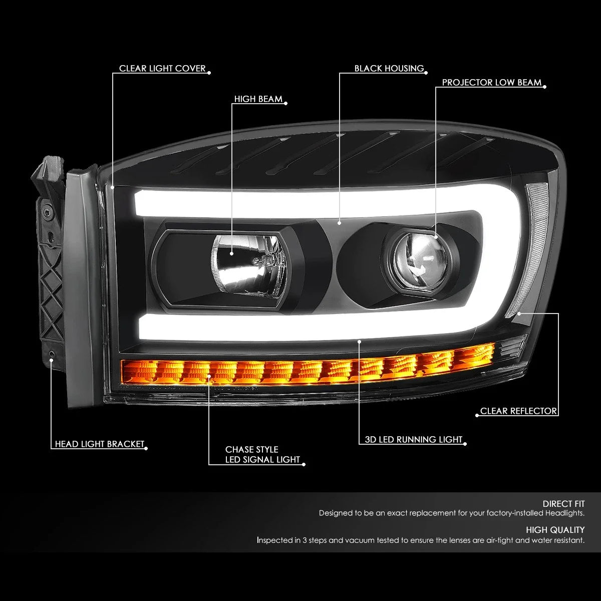 LED DRL Sequential Turn Signal Projector Headlight for Ram Truck (2006–2009)