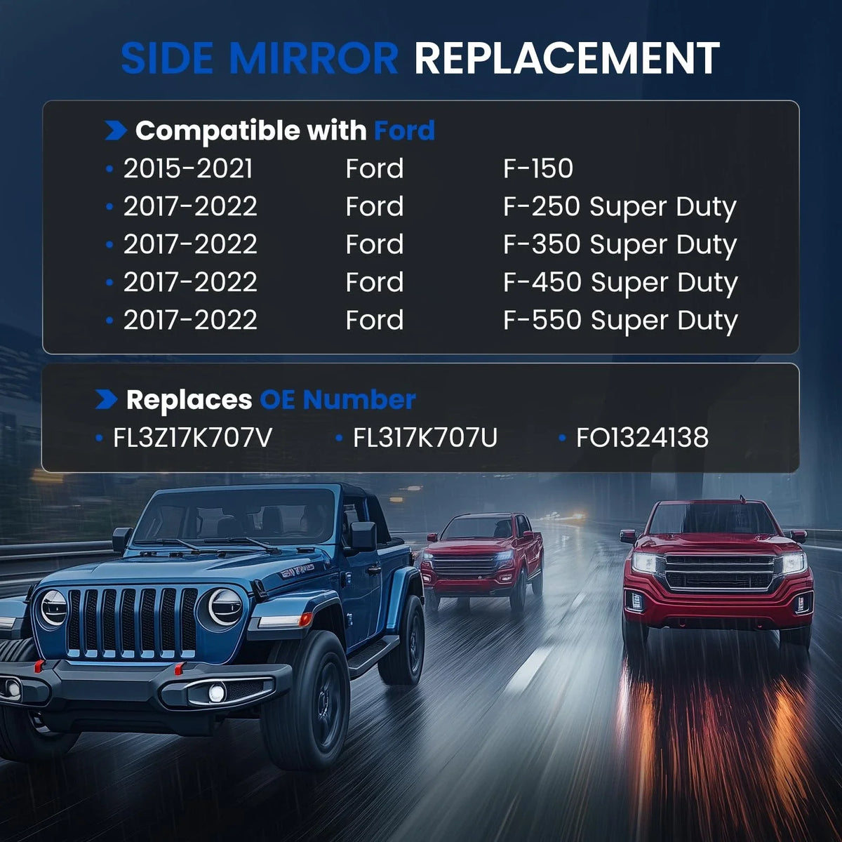 Tow Mirror Glass Left Heated for Ford F-150 2015-2021 & F-450/F-550 2017-2019