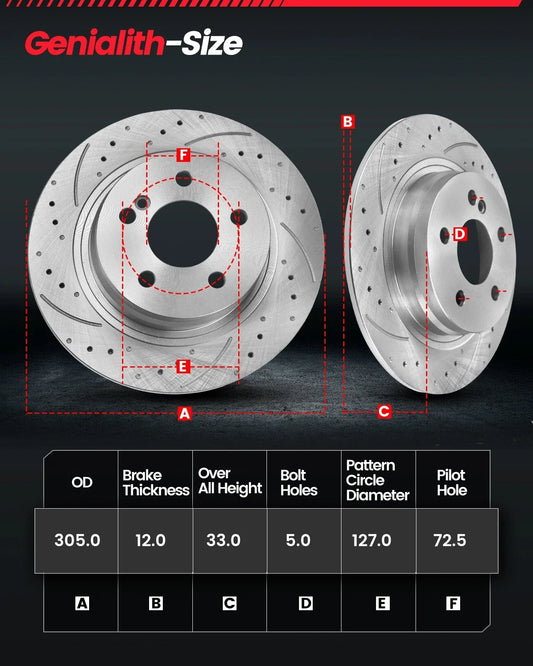 12" Rear Disc Rotors Brake Pads for Dodge Grand Caravan (2008–2020)