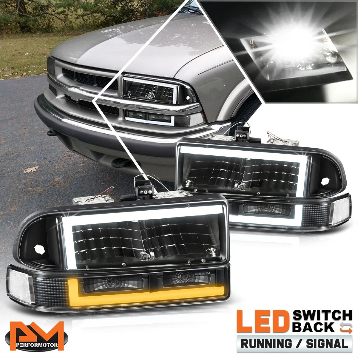 LED DRL Switchback Headlights, L-Shape for 1998–2004 Chevy S10/Blazer