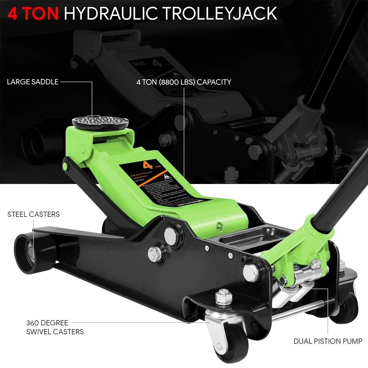 4 Ton Hydraulic Garage Jack for 8000lbs Capacity (4.5-20 in) w/ Swivel Casters