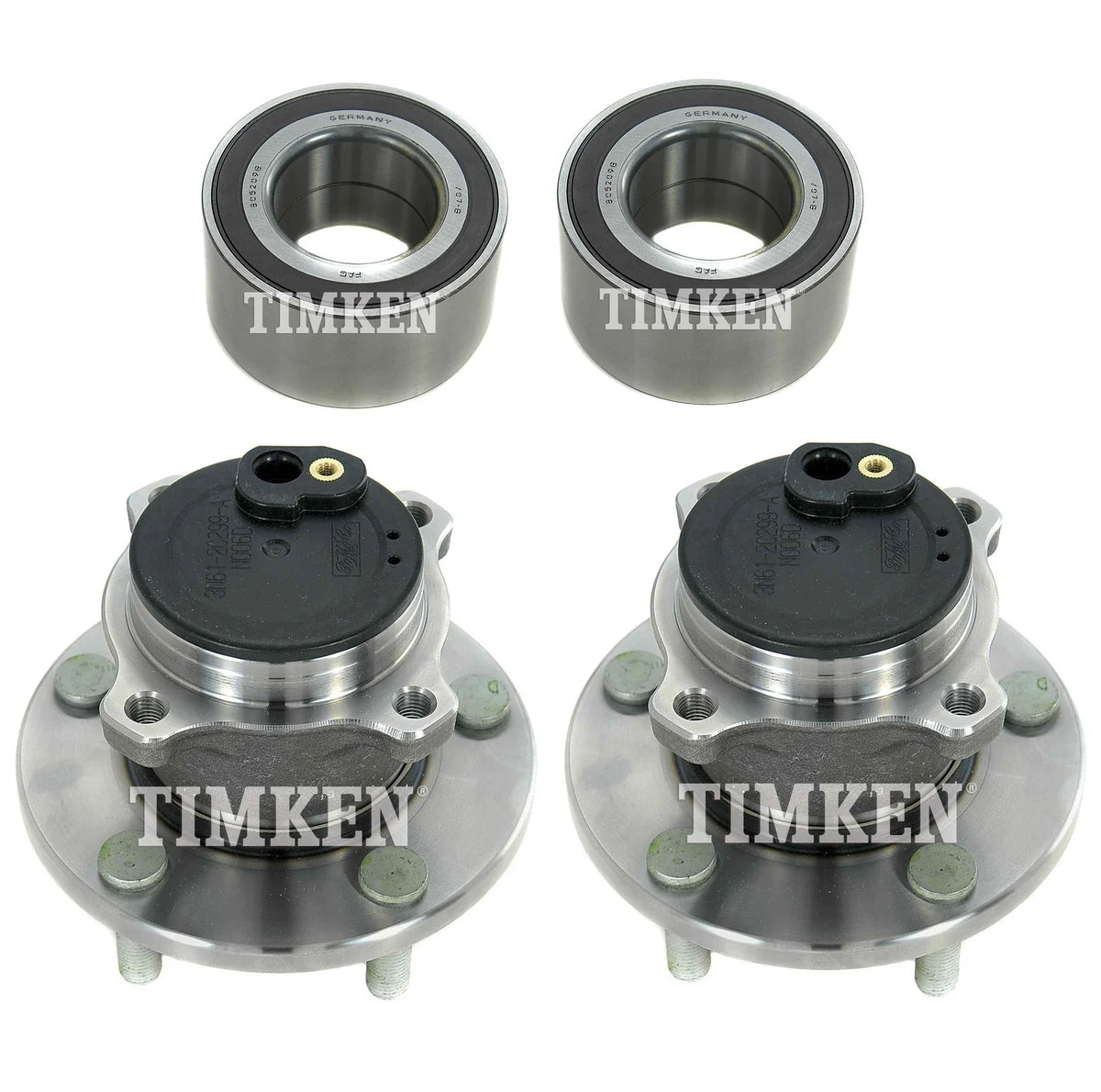 Front & Rear Wheel Bearings & Hubs Kit for Mazda 3 (2005–2008) - Timken