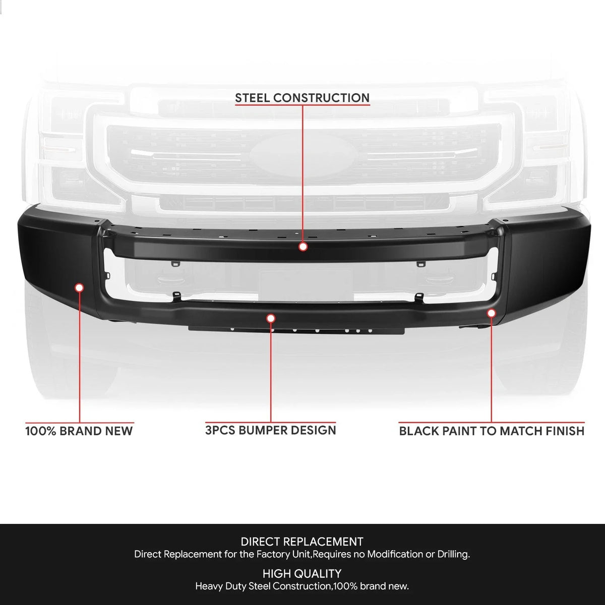 Front Bumper for Ford F250 F350 Super Duty (2020–2022) W/O Foglight Holes