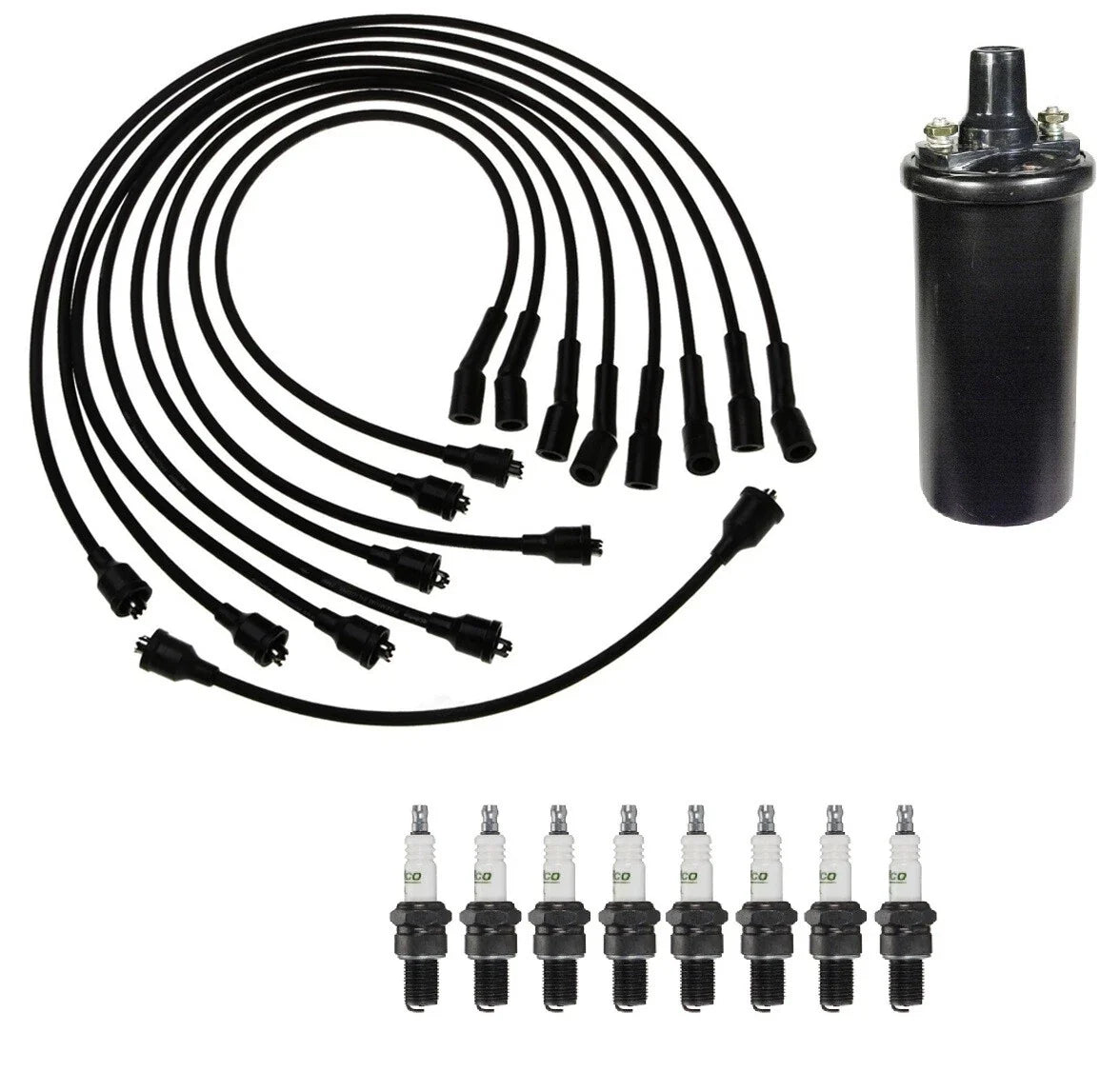 Ignition Wires & 1 Coil 8 Spark Plugs Kit for Chevy Biscayne Camaro Nova (1967–1975)