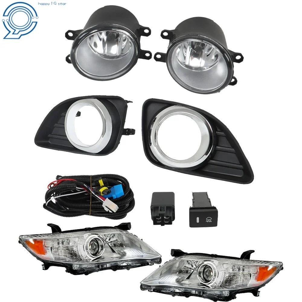 Fog Lights Switch with Cover + Front Chrome Headlights for 2010-2011 Camry