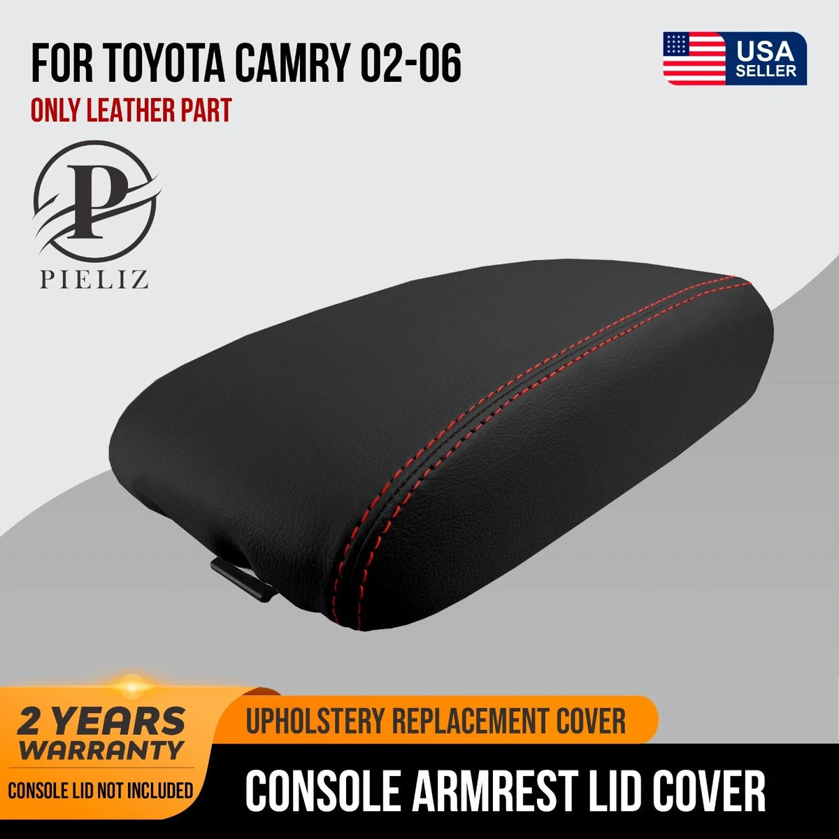 Leather Console Lid Pull Over Cover for Toyota Camry (2002–2006) Red Stitch