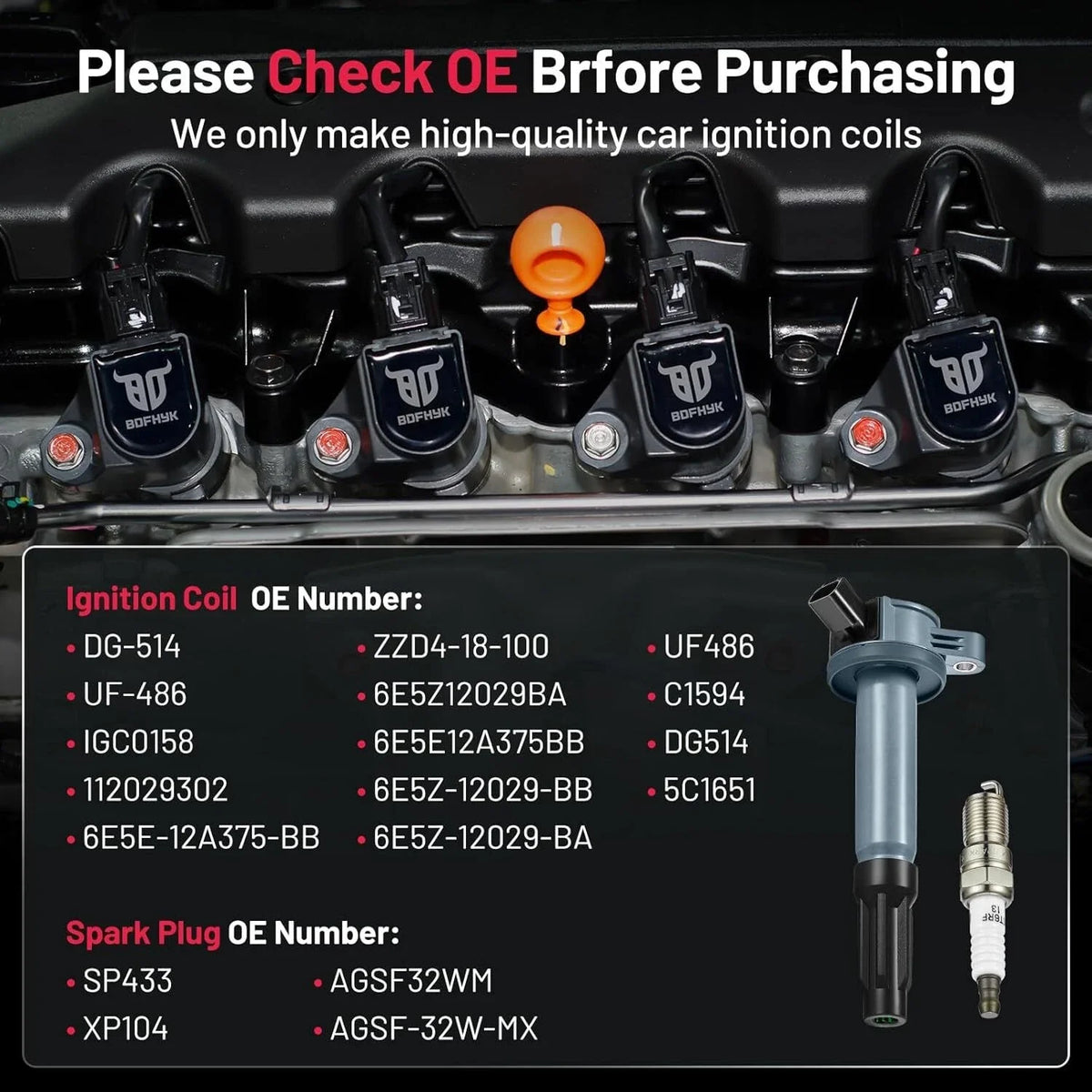 6PC Spark Plug and Ignition Coil for 2006 Lincoln Zephyr UF486