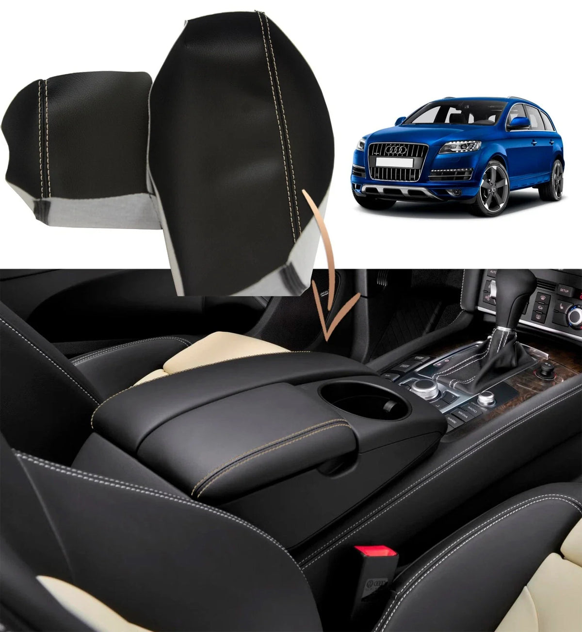 Leather Console Lid Armrest Cover for Audi Q7 (2007–2015) Beige Stitch