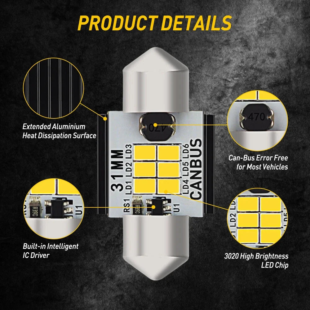 Dome Map Light 2X LED Festoon Bulbs 31MM DE3175 DE3022 (CANBUS)