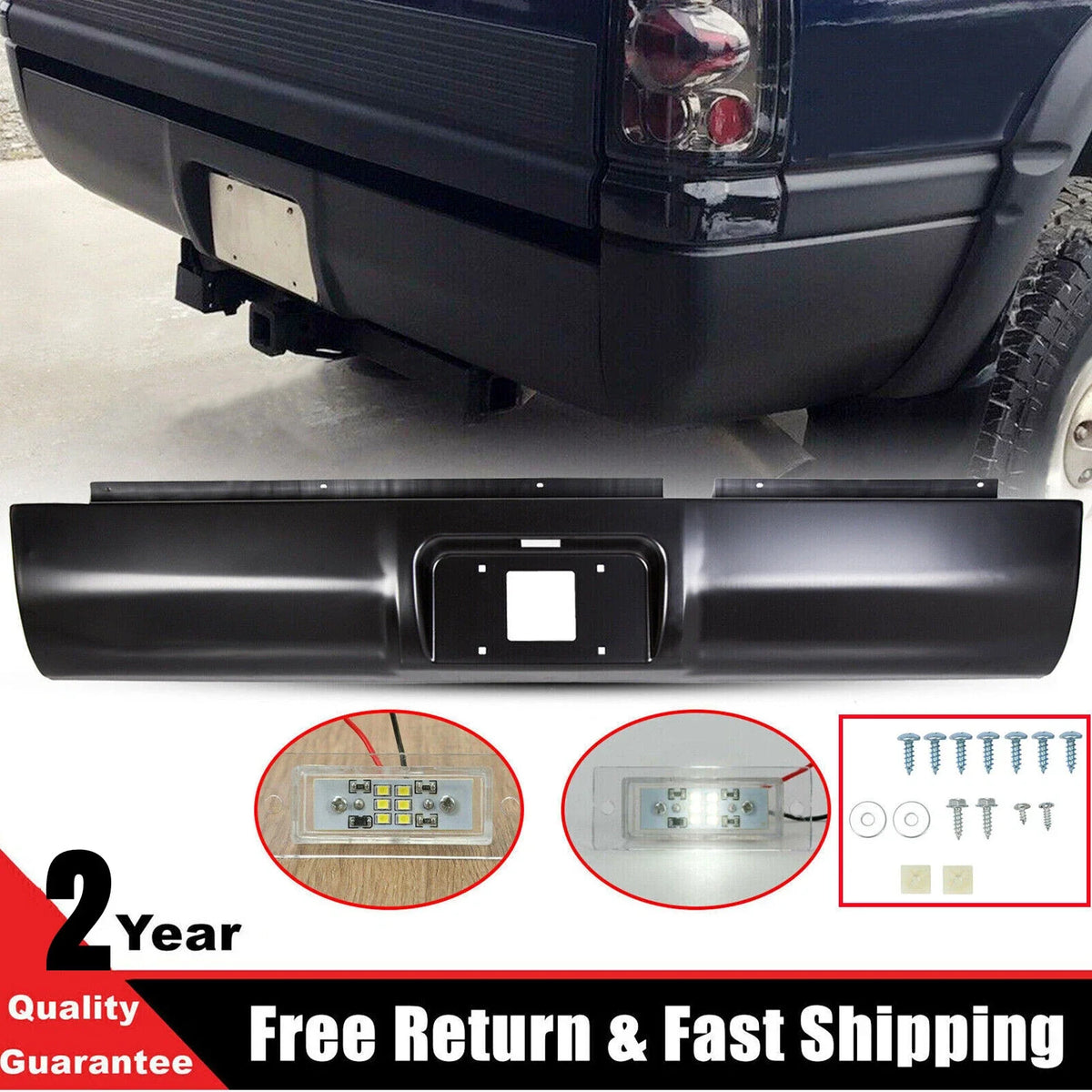 Black Rear Bumper Roll Pan with LED Light for Dodge Ram 1500 2500 3500 (1994–2001)