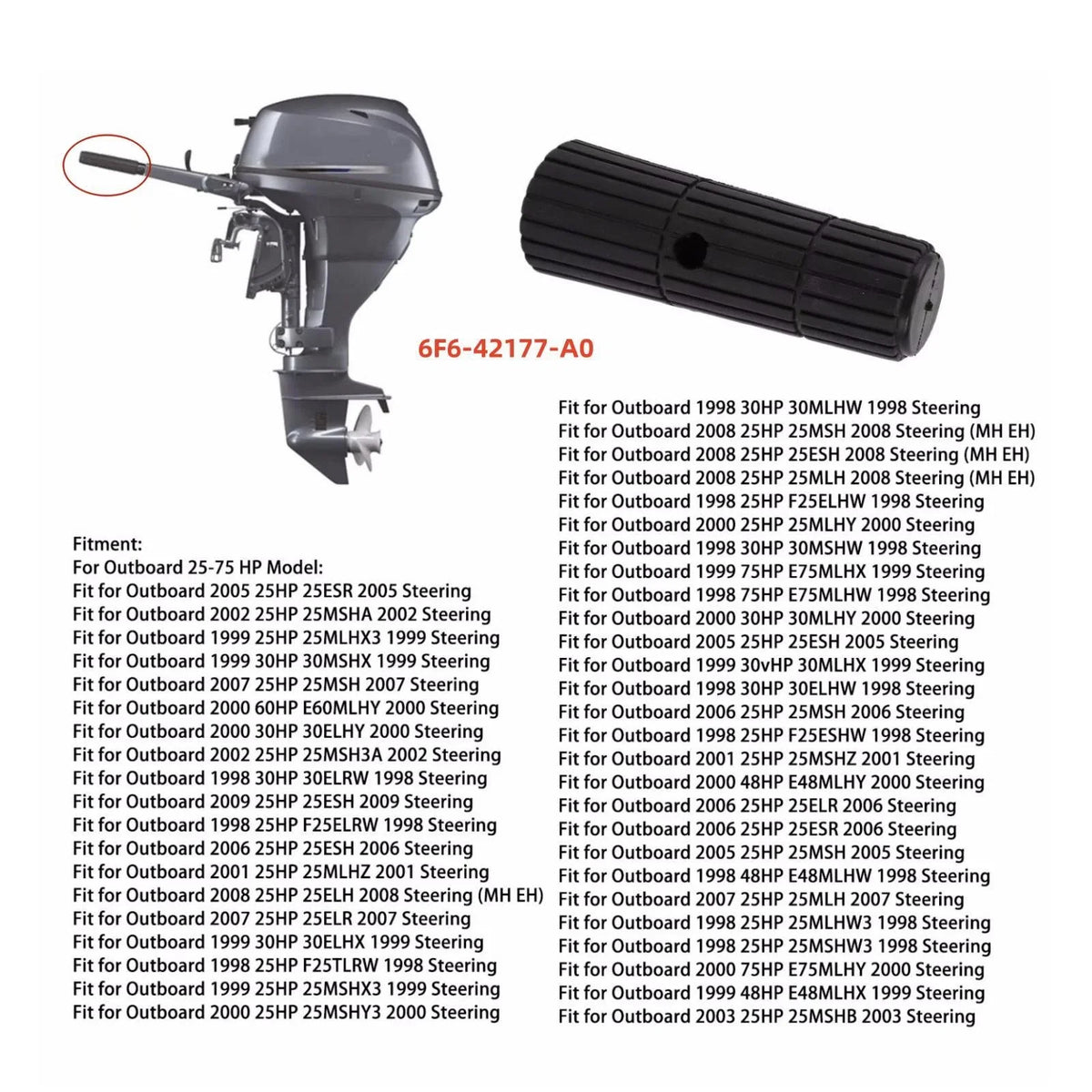 Rubber Handle for Yamaha Outboard 25-75 HP (6F6-42177-A0-00, 6N0-G2177-00-00)