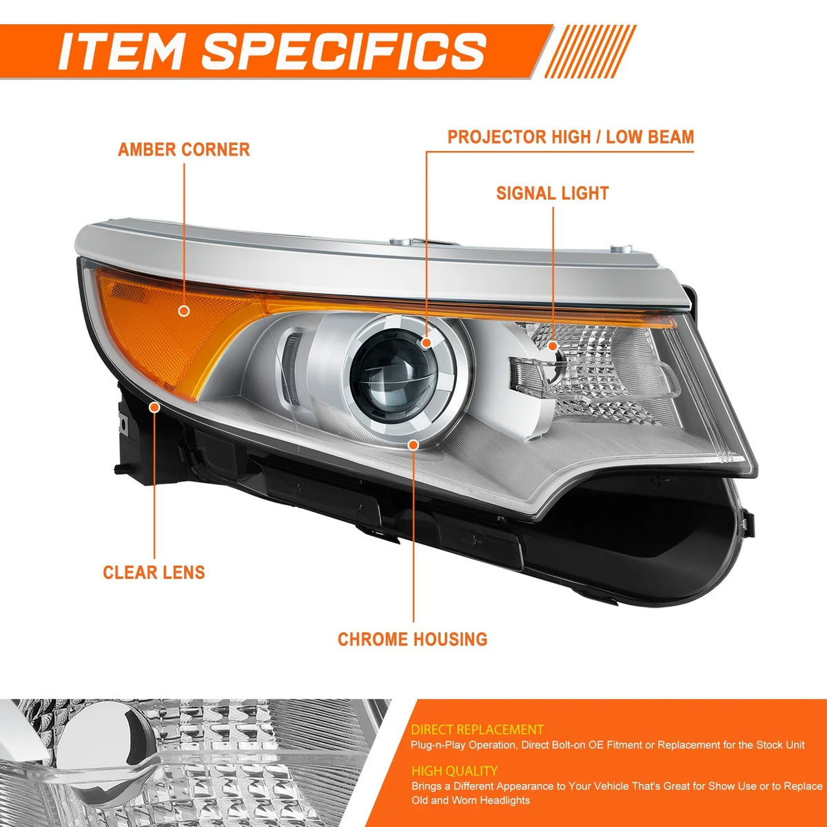 HID Projector Headlight for Ford Edge (2011–2014) - Passenger Side, Chrome/Amber