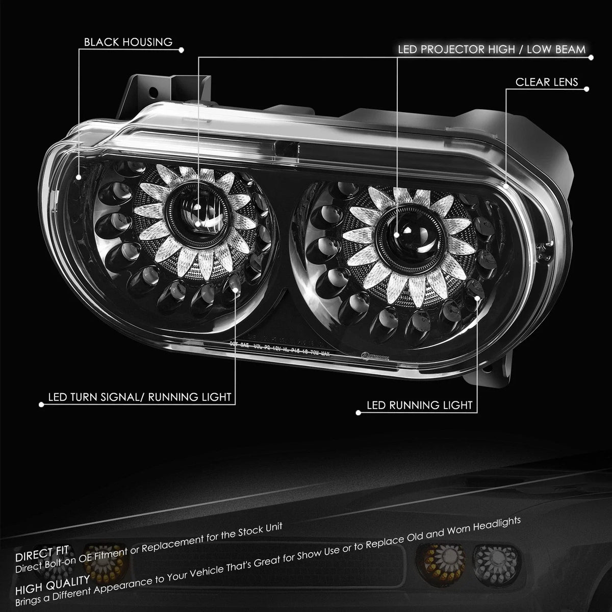 LED DRL Turn Signal Projector Headlights for Dodge Challenger (2008–2014)