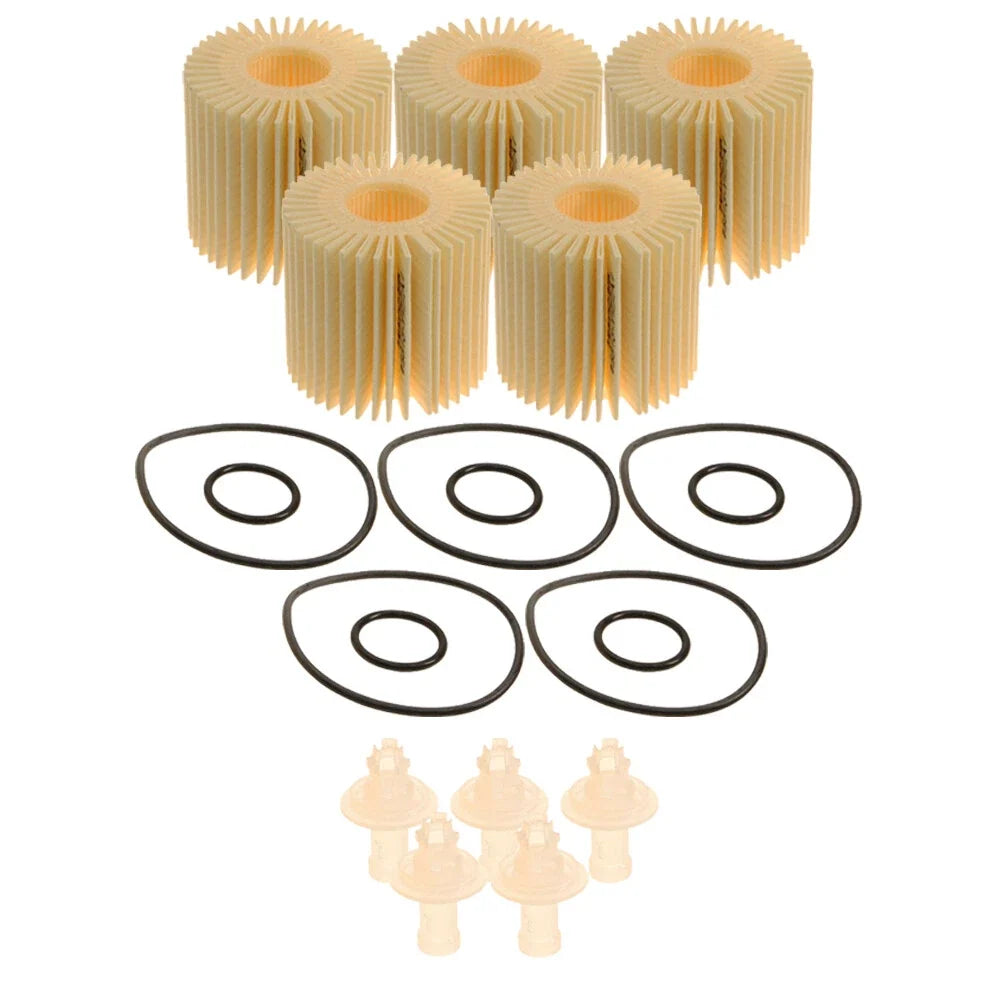 Set of 5 Oil Filter Elements, Drain Plugs & Gaskets for Toyota Scion Lexus