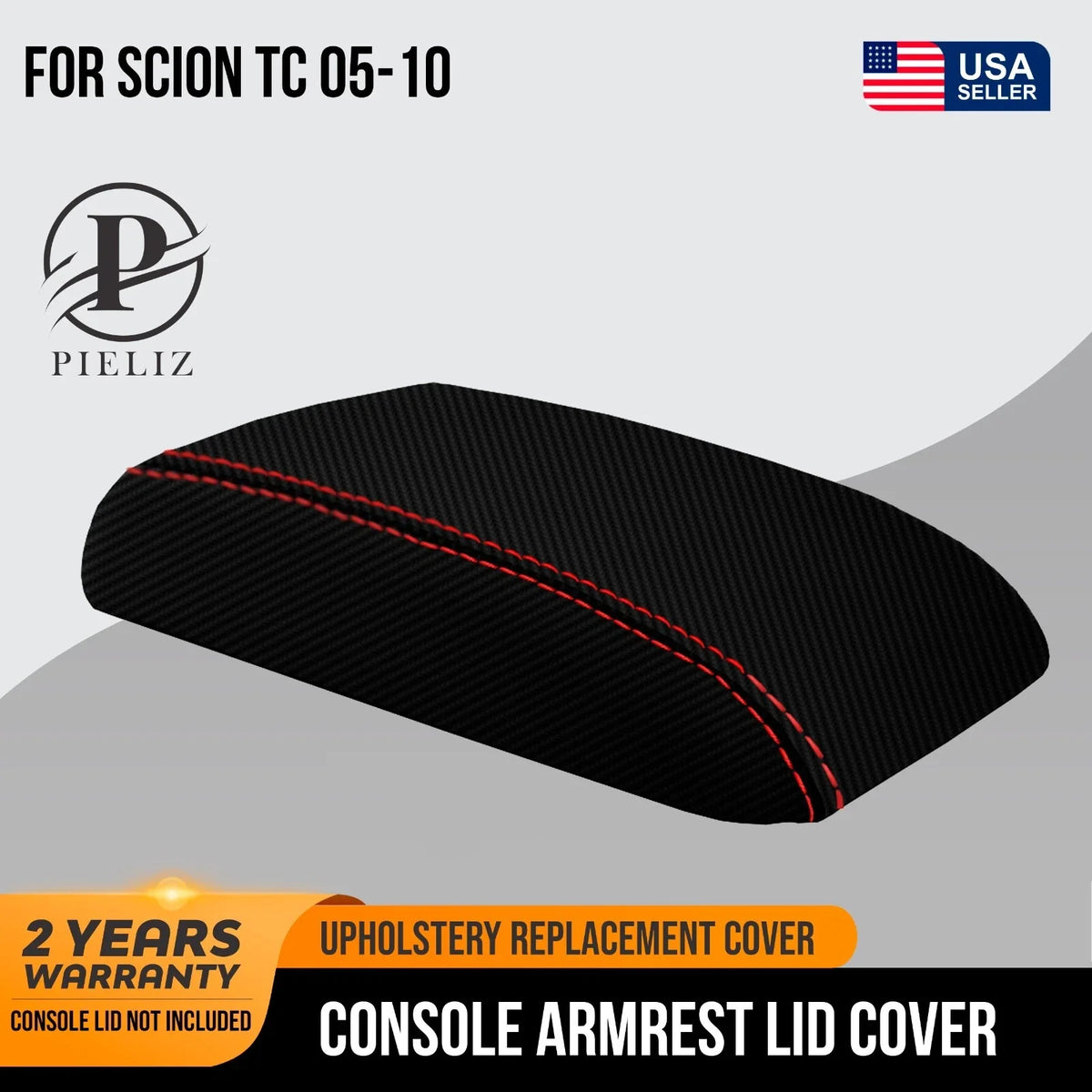 Console Lid Armrest Cover for Scion TC (2005–2010) Red Stitch PVC Carbon