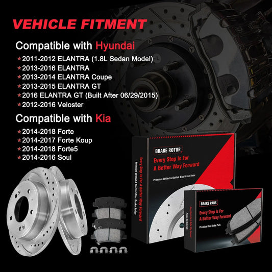 Set of 4 Rear Drilled Rotors & Ceramic Brake Pads for Hyundai Elantra, Kia Forte Koup, Soul (2011–2016)