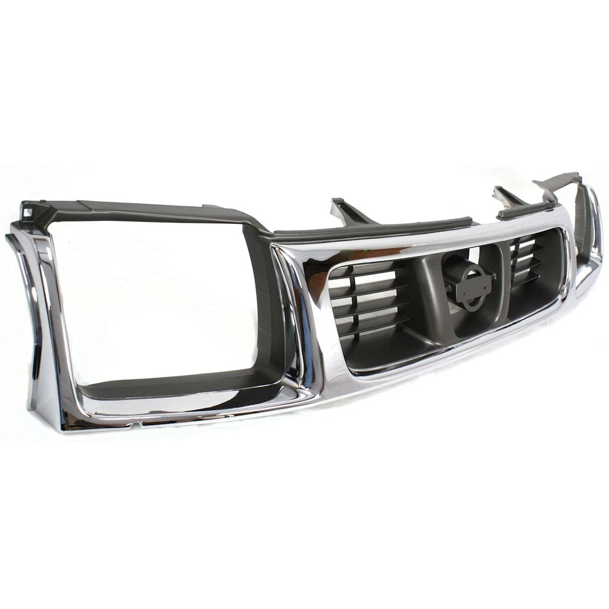 Grille Assembly for Nissan Frontier (1998–2000) Chrome Shell, Headlight Holes