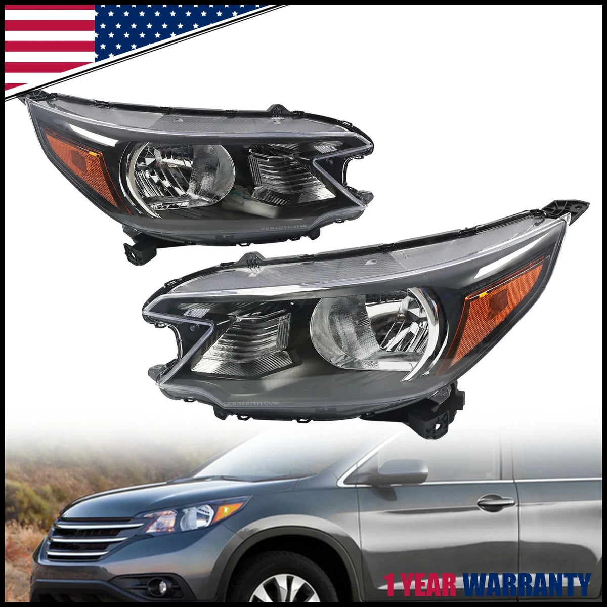 Pair of Headlamp Assemblies for Honda CR-V (2012-2014) Halogen Black