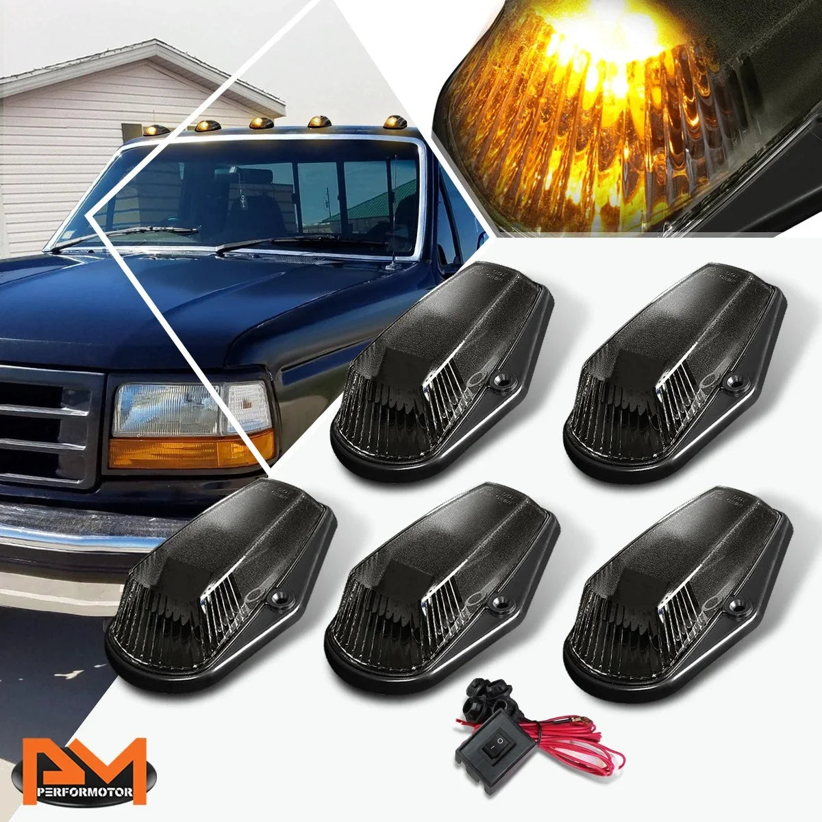 5Pcs Smoked Yellow LED Cab Roof Running Lights for F-Series 1980-1996
