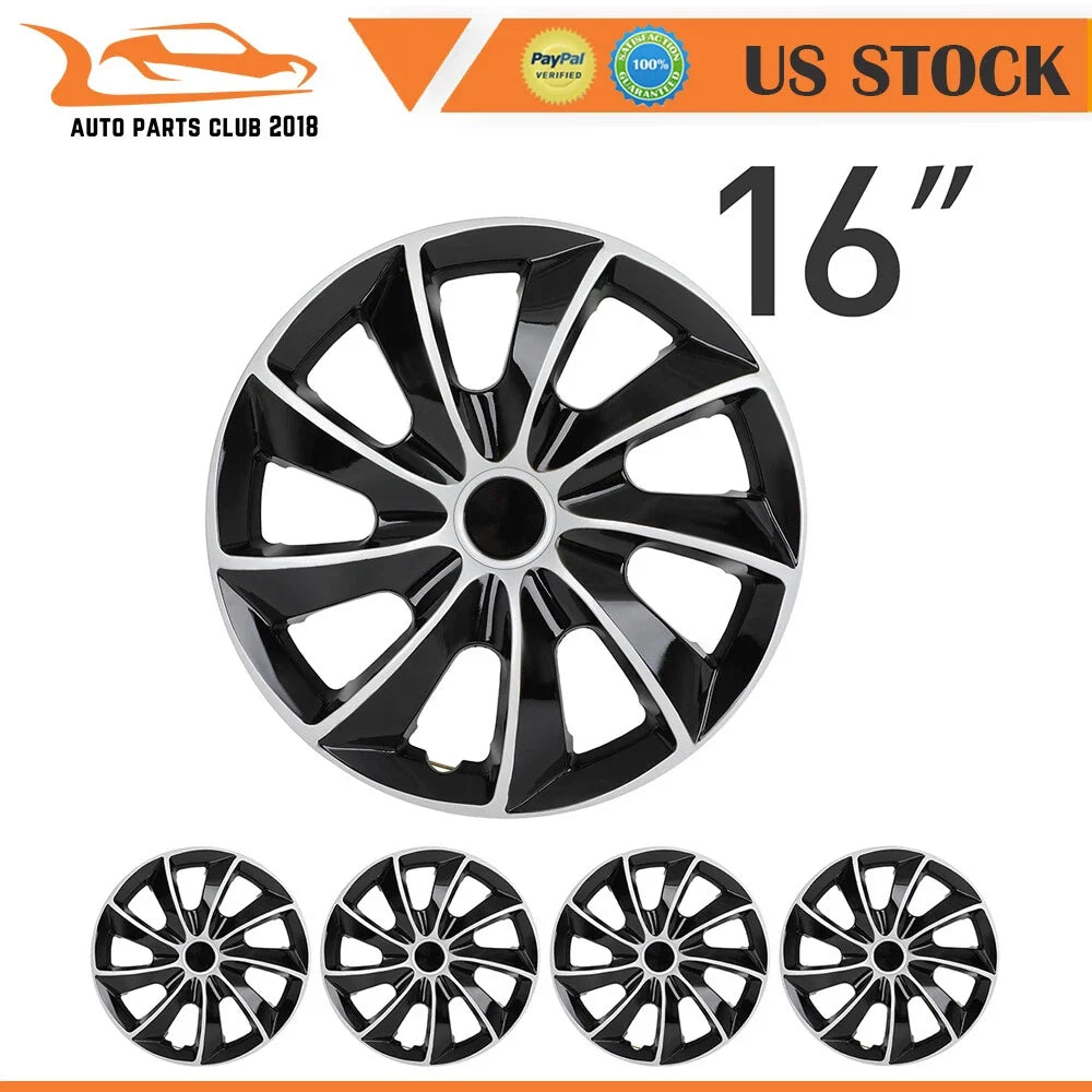 Set of 4 Wheel Hub Caps for All Makes Models (16") Black & Silver