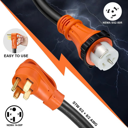 RV Power Cord 20FT 50A with Inlet Box 6/3+8/1 Gauge STW