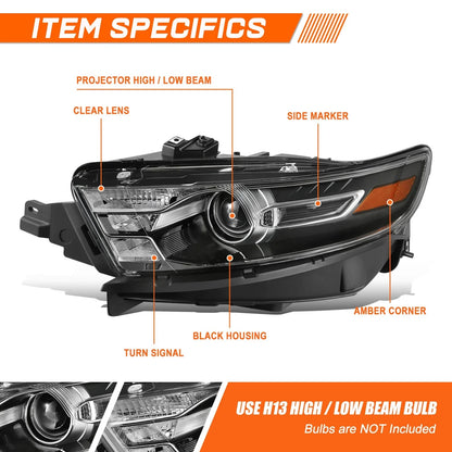Projector Headlight Driver Side - Black/Amber for Ford Taurus 2013–2019