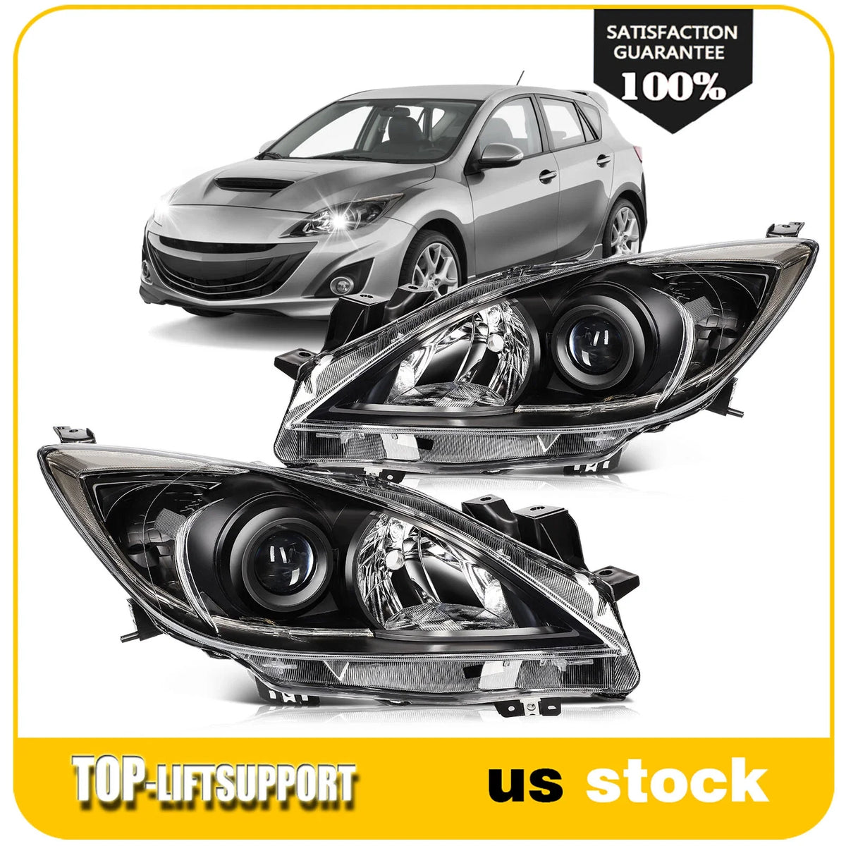 Headlight Assembly Pair for Mazda 3 (2010–2013) Black Housing