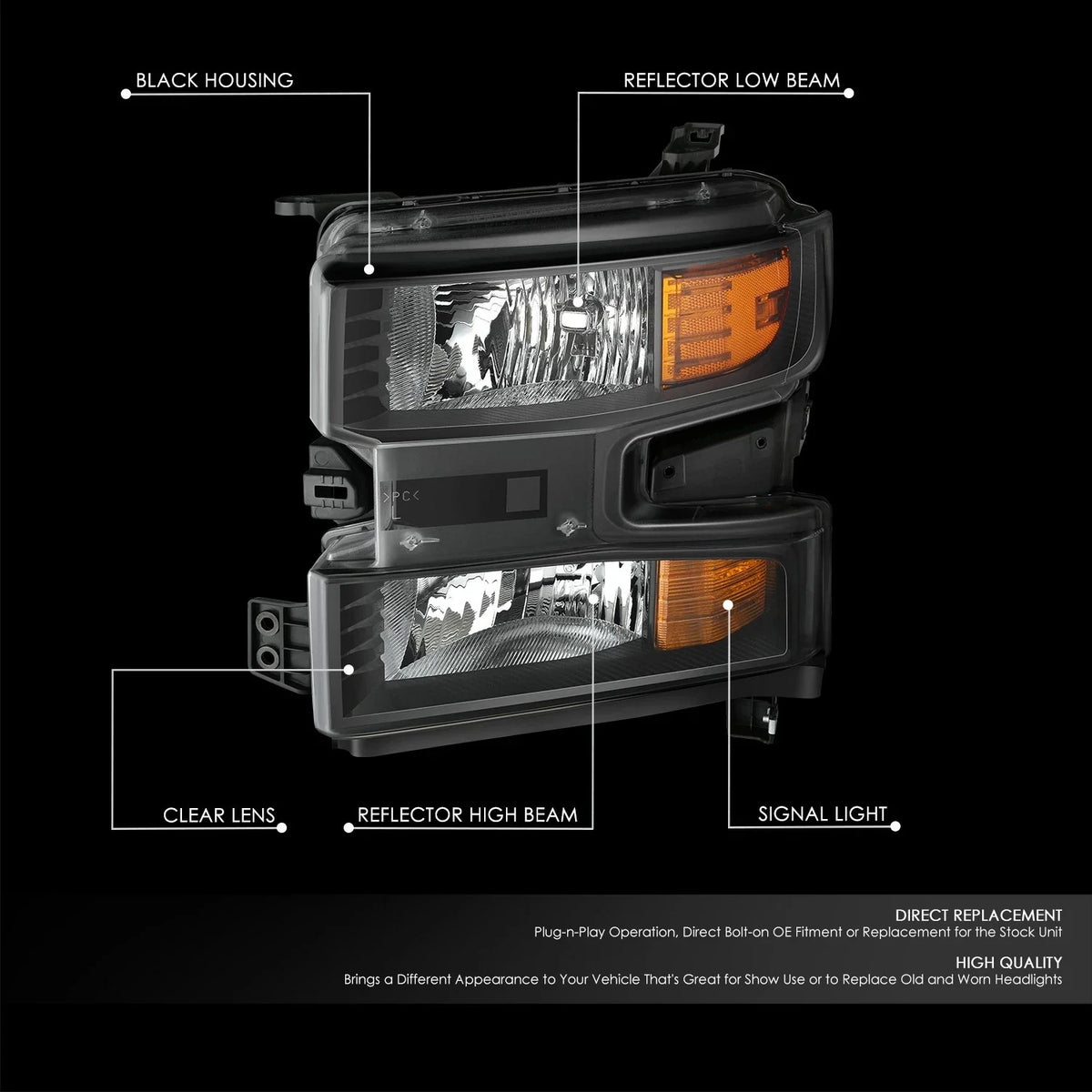 Left Headlight Assembly for Chevy Silverado 1500 LTD (2019–2022) Black Amber