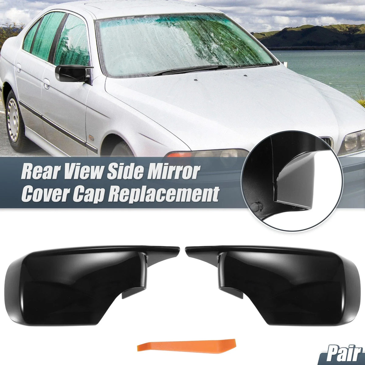 Pair Rearview Mirror Cover Cap Gloss Black for BMW E39 E46 325i 328i (1998–2005)