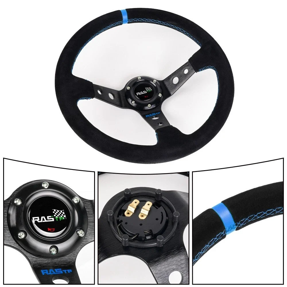 14" 350mm Deep Dished Suede Steering Wheel + Quick Release Hub Kit for Racing