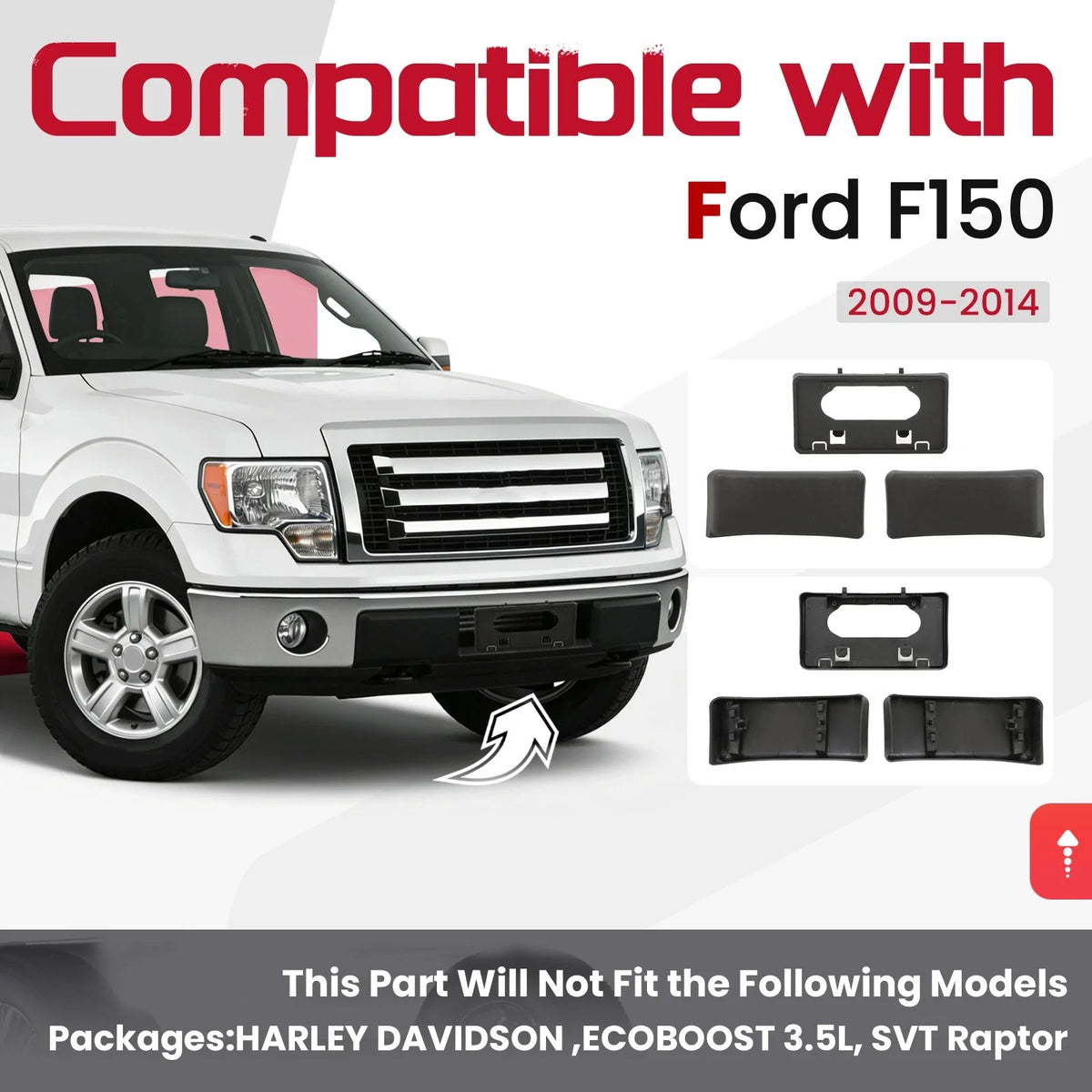 Front Bumper License Plate Bracket + Guards Pads Cap for Ford F150 (2009–2014)