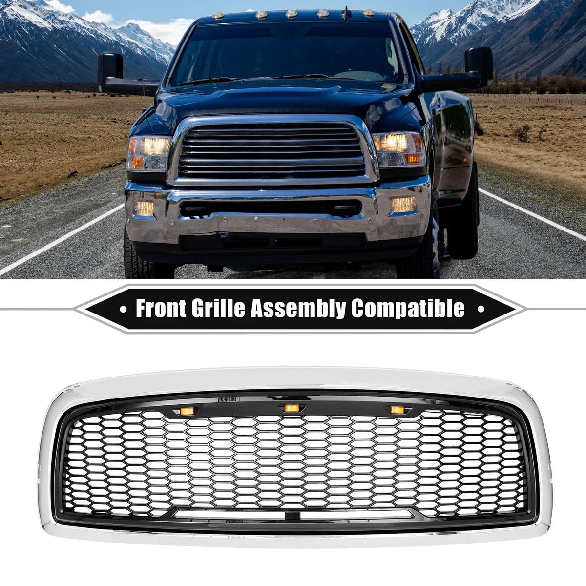 Front Grille with LED Lights for Dodge (Chrome, Silver, Gloss Black)