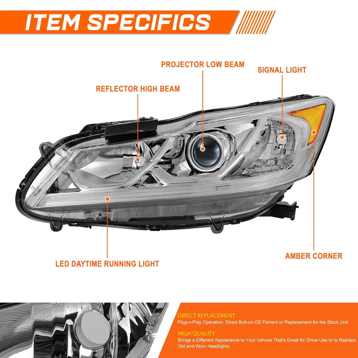 Chrome Amber LED Projector Headlight for Honda Accord Sedan (2016–2017)